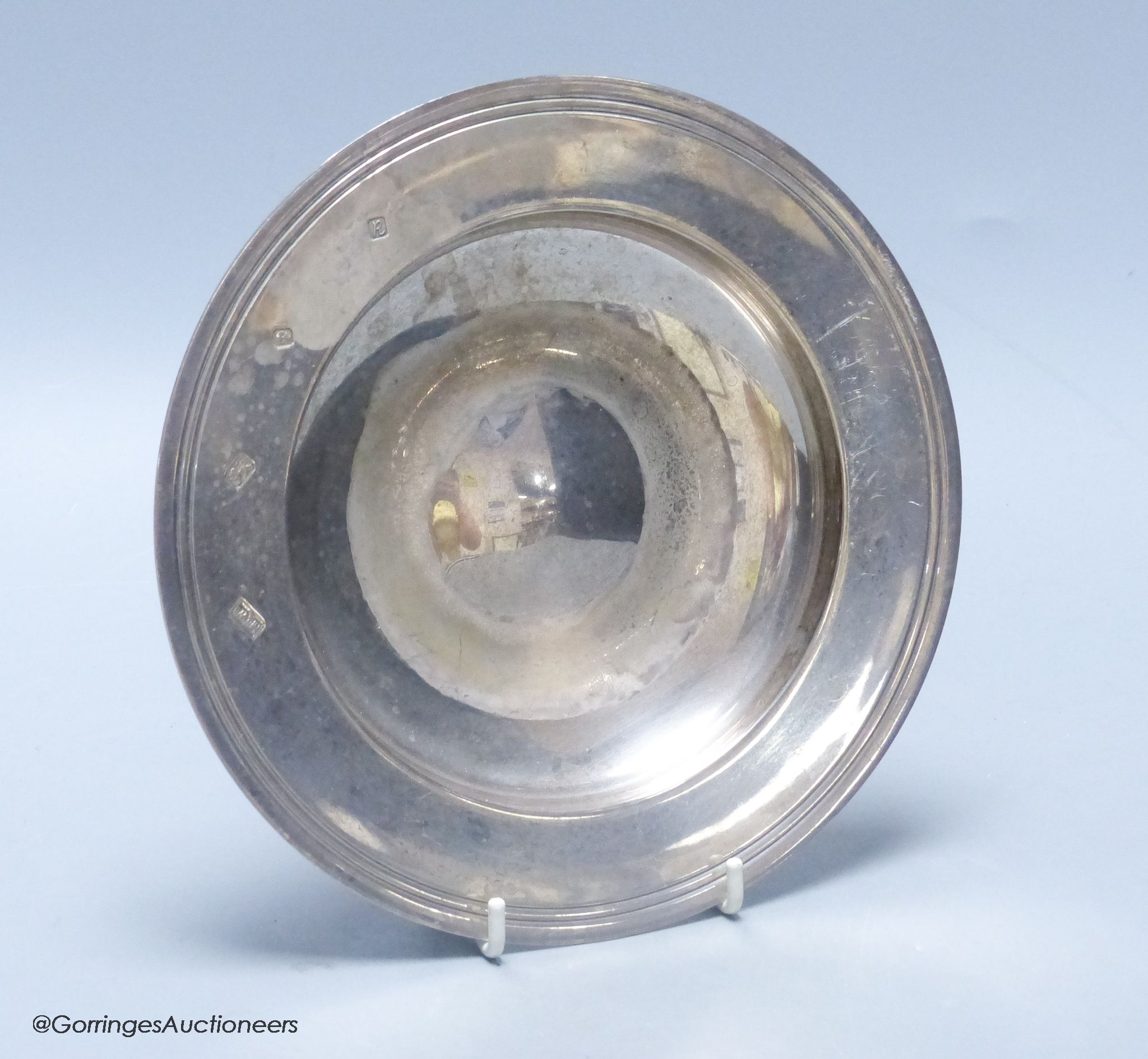A Mappin & Webb circular silver presentation bowl, of plain line-engraved form, 11.24oz